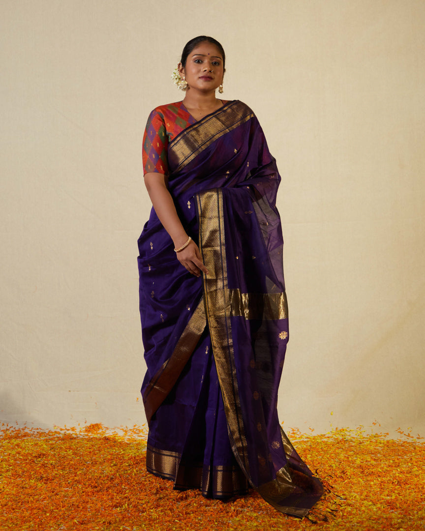 Purple Pure Silk Cotton Maheshwari Saree with Golden Zari Border