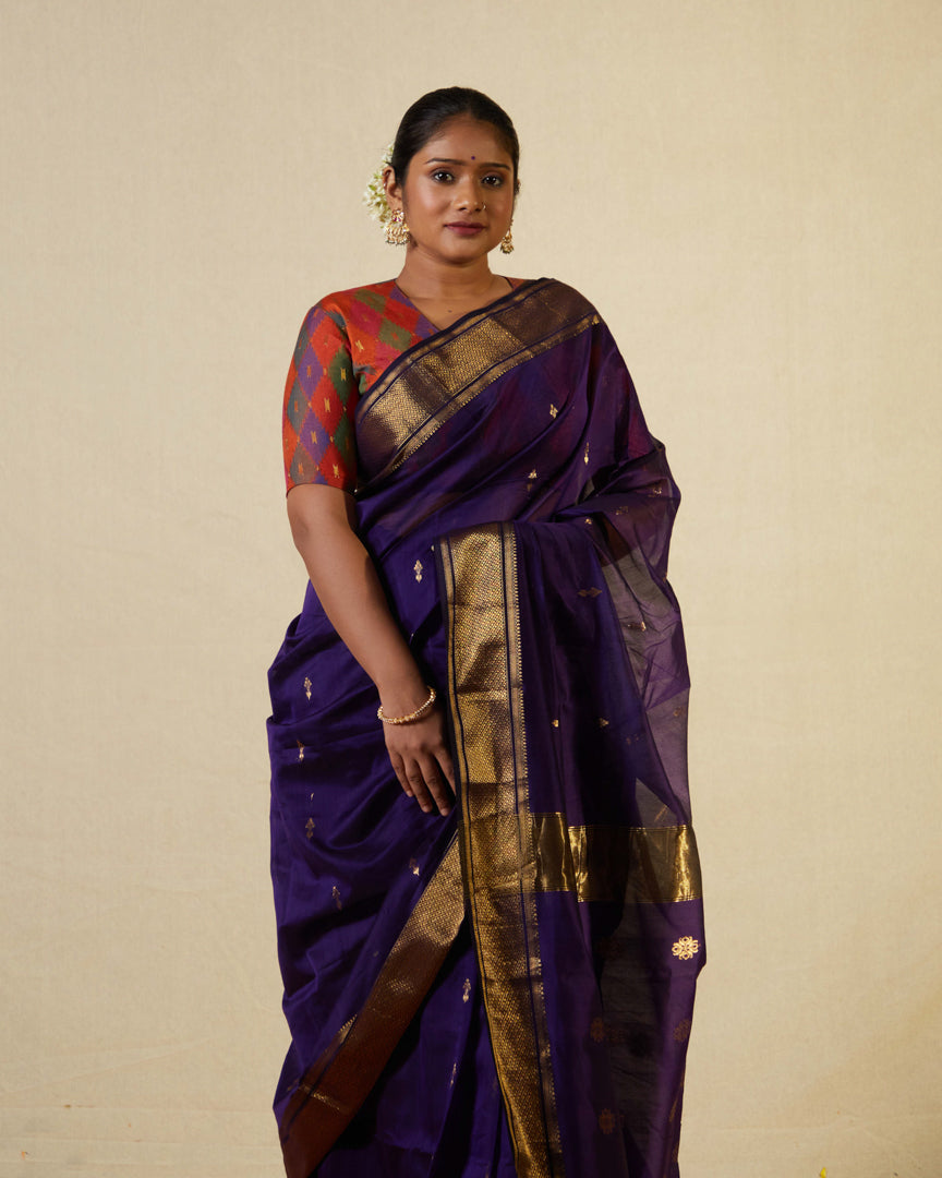 Purple Pure Silk Cotton Maheshwari Saree with Golden Zari Border