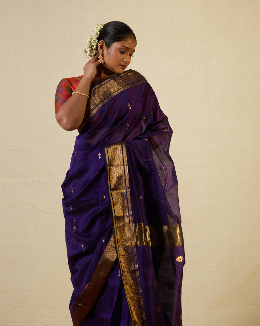 Purple Pure Silk Cotton Maheshwari Saree with Golden Zari Border