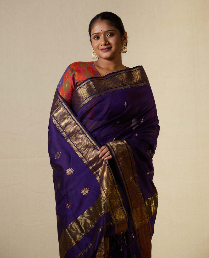 Purple Pure Silk Cotton Maheshwari Saree with Golden Zari Border