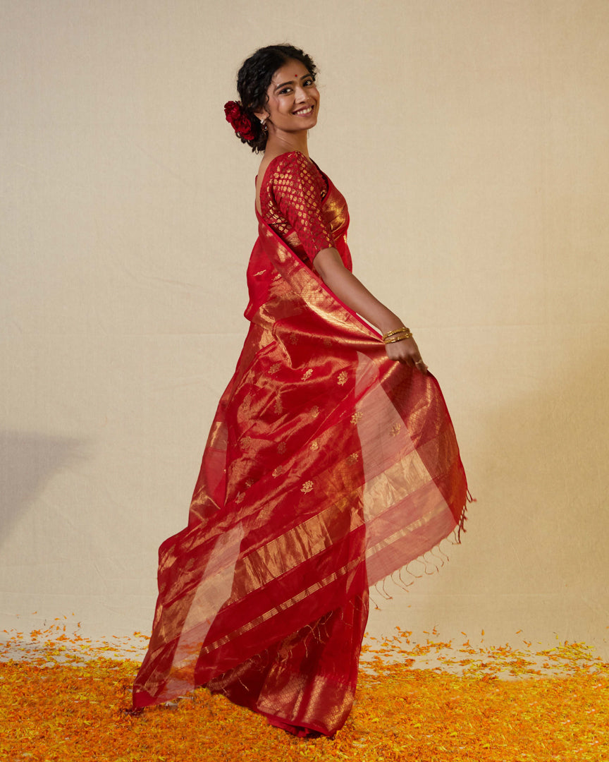Red Maheshwari Tissue Saree With Gold Zari Border