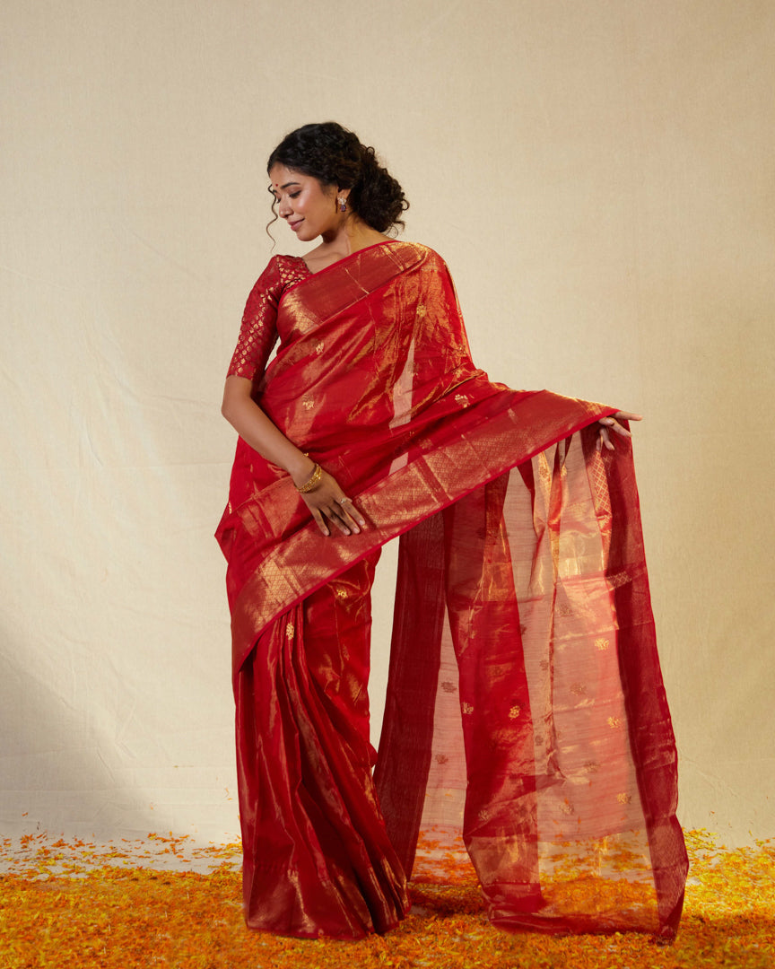 Red Maheshwari Tissue Saree With Gold Zari Border