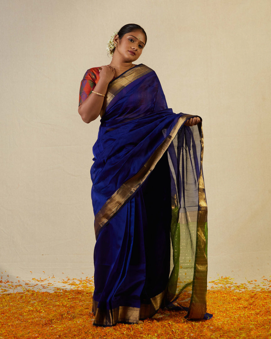 Blue Pure Silk Cotton Maheshwari Saree with Gold Zari Border