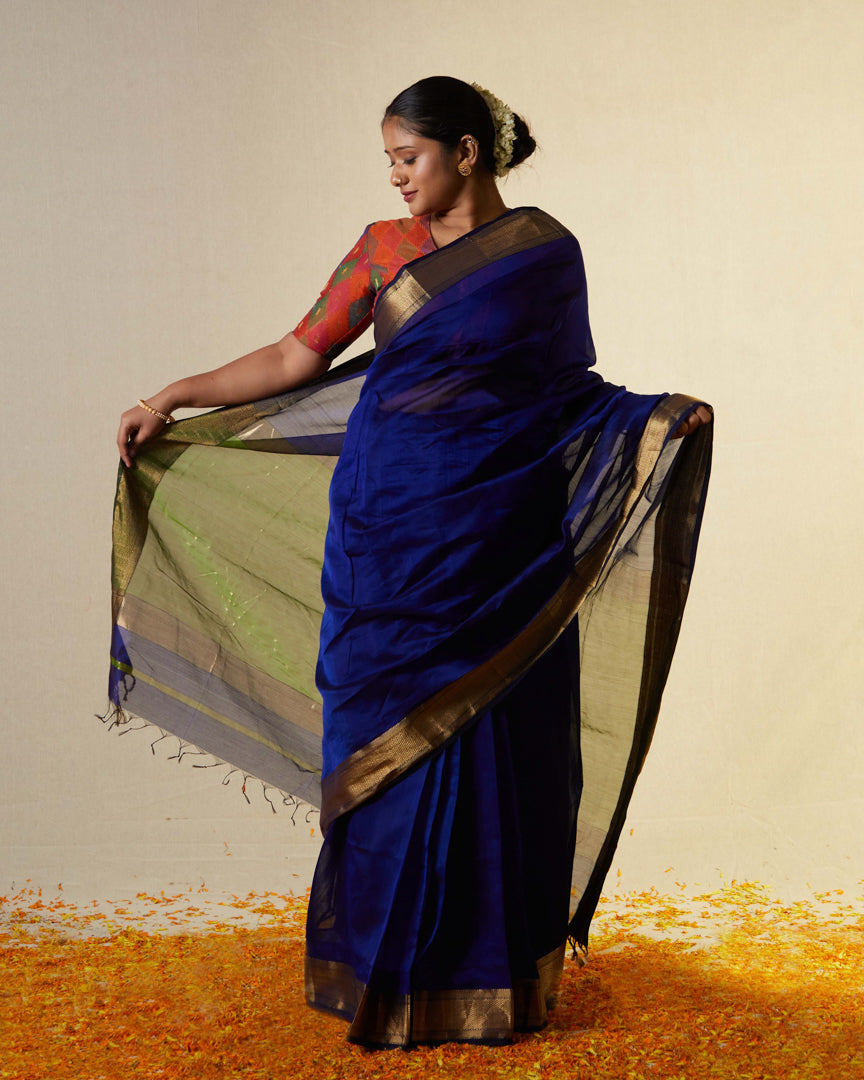 Blue Pure Silk Cotton Maheshwari Saree with Gold Zari Border