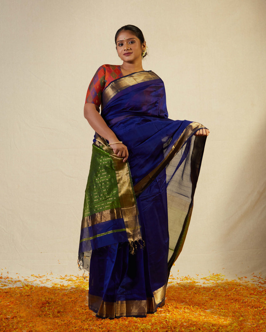 Blue Pure Silk Cotton Maheshwari Saree with Gold Zari Border