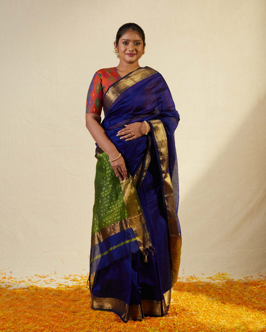 Blue Pure Silk Cotton Maheshwari Saree with Gold Zari Border