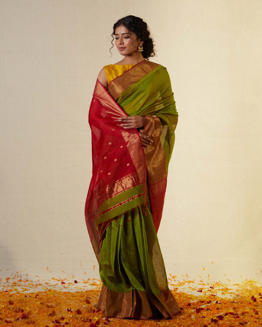 Green Pure Silk Cotton Maheshwari Saree with Gold Zari Border