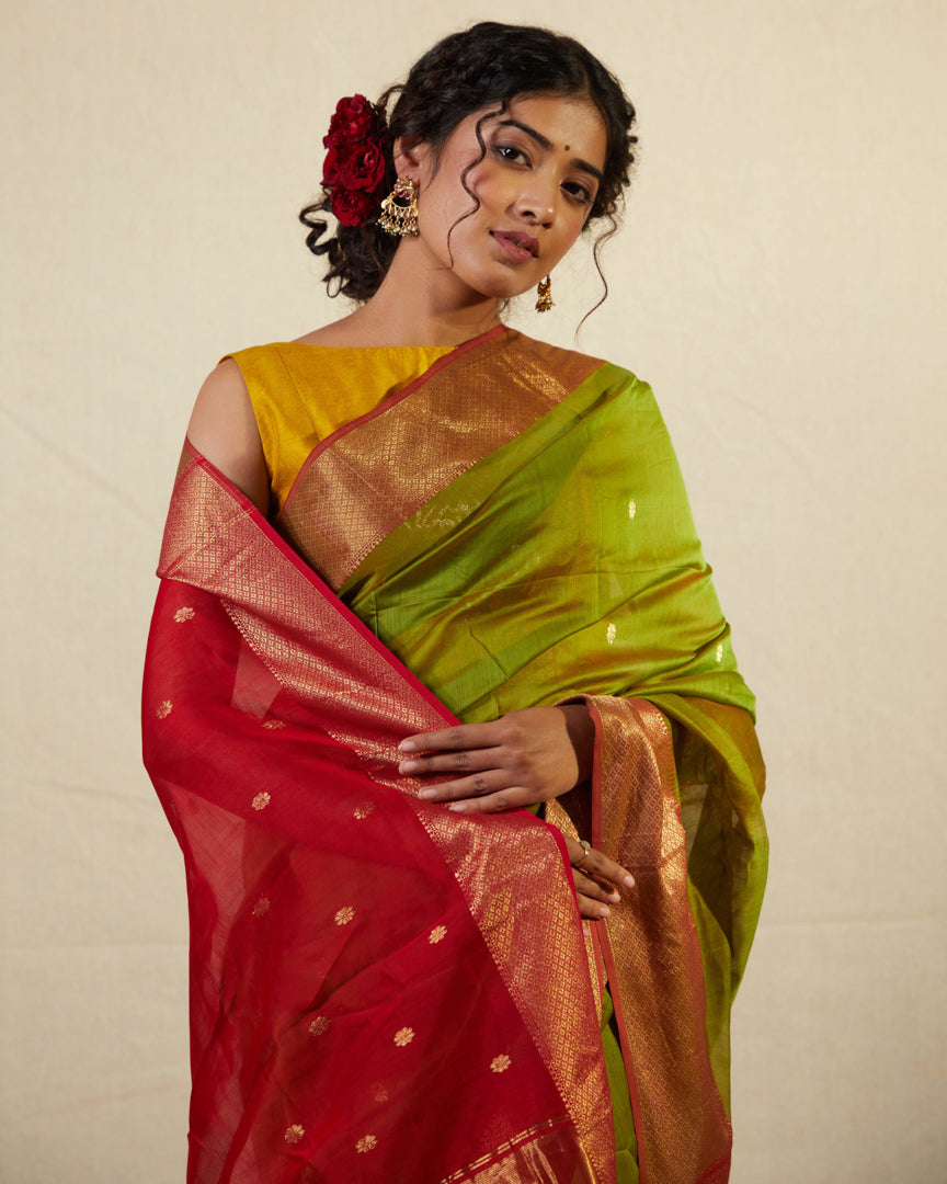 Green Pure Silk Cotton Maheshwari Saree with Gold Zari Border