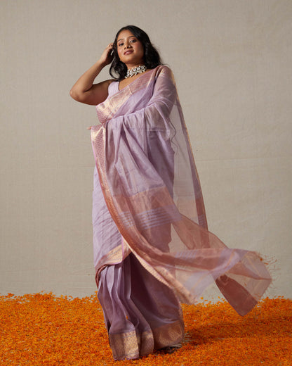 Lavender Maheshwari Tissue Saree With Gold Zari Border