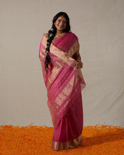 Pink Maheshwari Tissue Saree With Gold Zari Border
