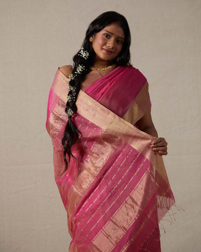Pink Maheshwari Tissue Saree With Gold Zari Border