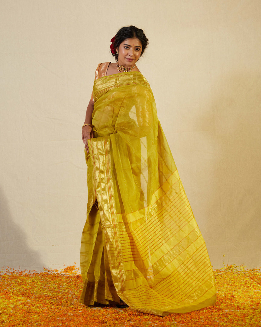 Yellow Pure Silk Cotton Maheshwari Saree with Gold Zari Border